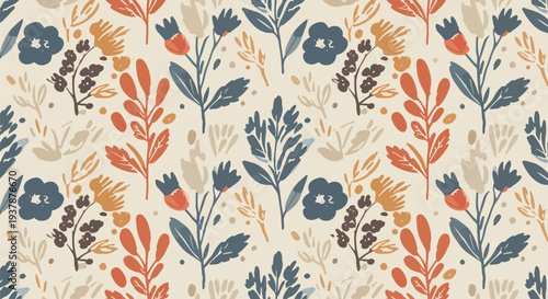 Hand drawn Scandinavian floral seamless pattern with pastel botanical elements, decorative vector background for fabric prints, wallpaper and wrapping paper.