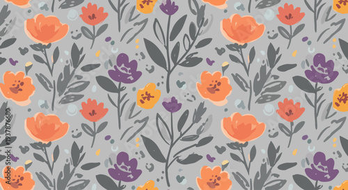 Charming Scandinavian floral seamless vector background with pastel flowers and leaves, decorative botanical pattern for fabric, wrapping paper and stationery.