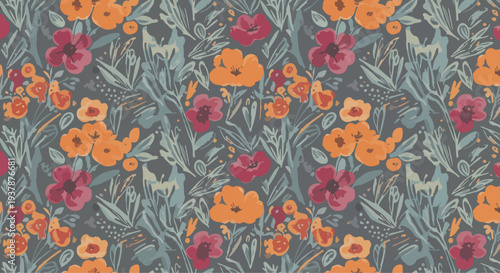 Cute pastel botanical seamless pattern with simple flowers and leaves, Scandinavian style decorative vector background for nursery wallpaper and fabric design.