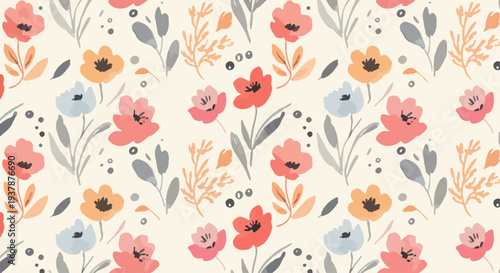 Charming Scandinavian floral seamless vector background with pastel flowers and leaves, decorative botanical pattern for fabric, wrapping paper and stationery.