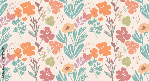 Pastel botanical seamless vector pattern with flowers, leaves and stems arranged in Scandinavian decorative style for textile printing and wallpaper design.