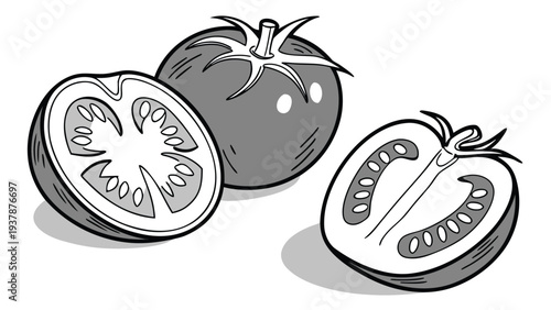 Vector illustration of Monochrome Tomatoes: Whole and Halved for Freshness and Healthy Eating