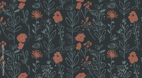 Minimal pastel floral seamless vector background with Scandinavian inspired flowers and leaves, decorative botanical pattern for textile, wrapping paper and wallpaper.