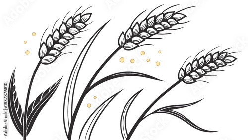 Vector illustration of Stylized wheat ears with scattered grains, evoking natural harvest and bounty