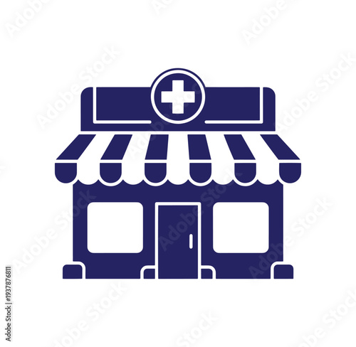 Pharmacy storefront icon with cross sign and awning