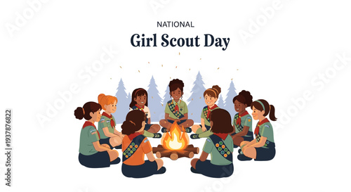 Illustration of a diverse group of girls in Girl Scout uniforms gathered around a campfire on National Girl Scout Day with a celebratory mood.