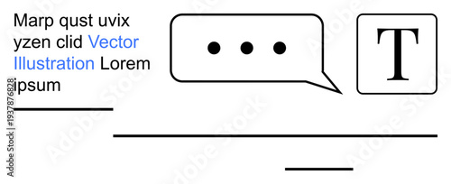 Communication, content creation, text editing, messaging, design, placeholders. Speech bubble with three dots, text icon placeholder text. Communication and content creation concepts