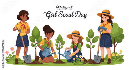 Illustration of Girl Scouts in uniform planting trees and flowers on National Girl Scout Day, with a colorful design and joyful mood.