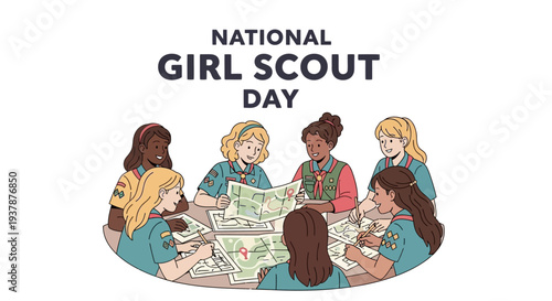 Illustration of a diverse group of Girl Scouts in uniform sitting around a table on National Girl Scout Day with a celebratory mood.