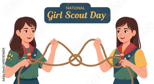 Two young girls in Girl Scout uniforms tying ropes together on National Girl Scout Day with teamwork and friendship.