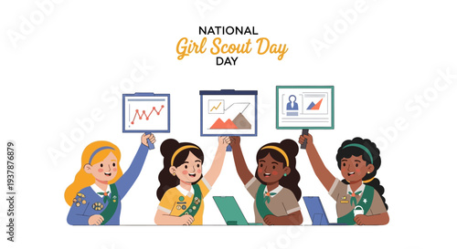 Four diverse Girl Scouts in uniform hold up graphs and charts on National Girl Scout Day with a celebratory mood.