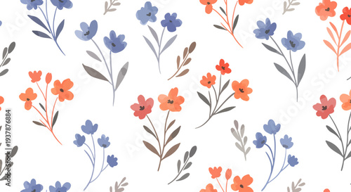 Cute pastel botanical seamless pattern with minimal flowers and leaves, Scandinavian decorative vector background perfect for textile printing and packaging design.