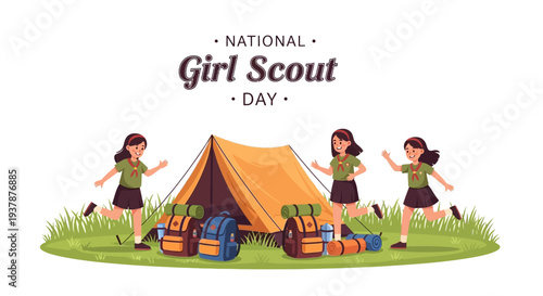 Illustration of three Girl Scouts in uniform setting up a tent on a grassy field with camping gear for a Girl Scout Day celebration with a joyful and adventurous mood.