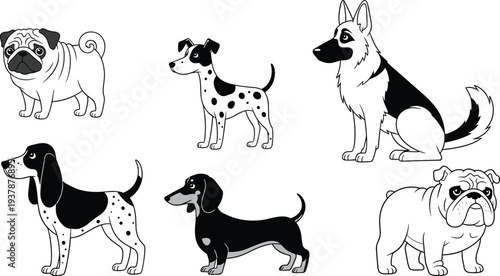 Cartoon dog breeds illustration pug dalmatian german shepherd spaniel dachshund bulldog artwork, pet animal design concept, cute playful character graphic