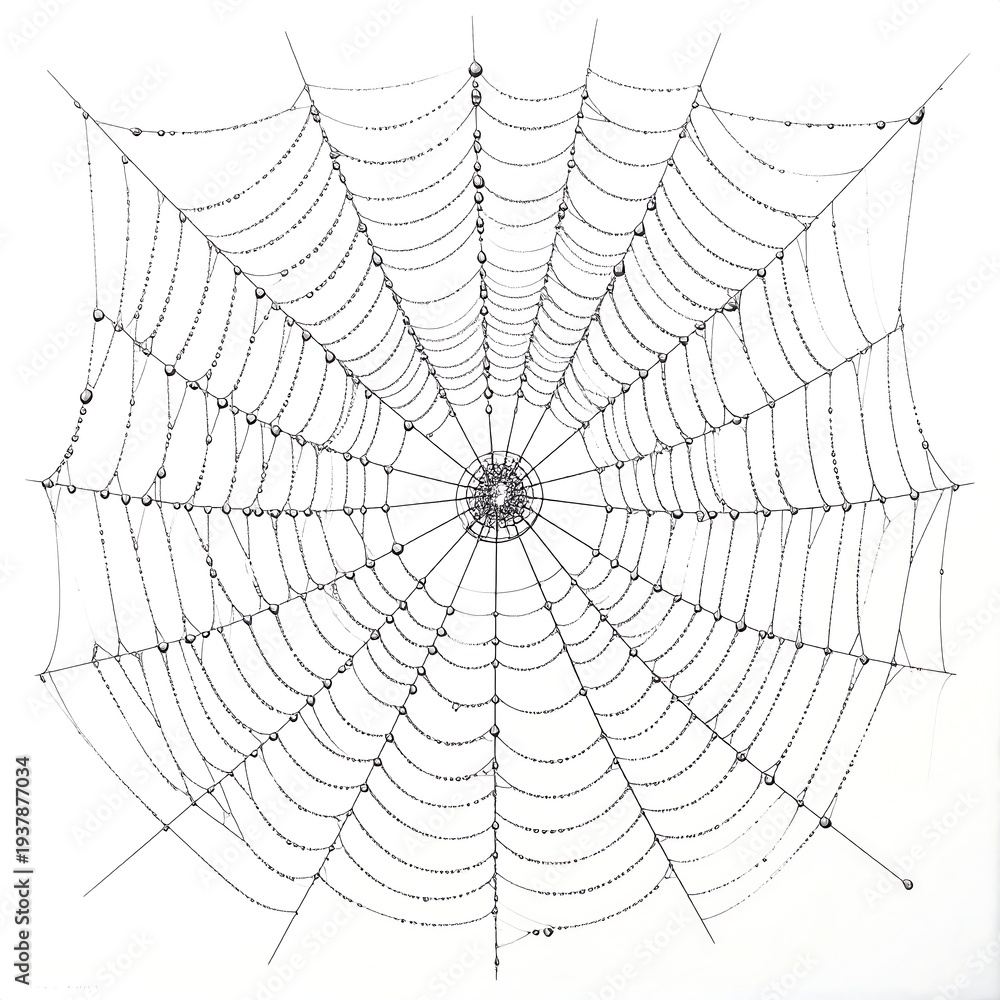 Obraz premium A detailed drawing of a spider web with dew drops
