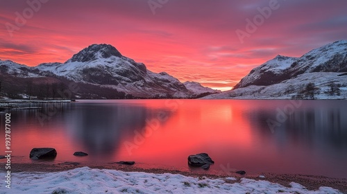 A stunning sunset illuminating a snowy landscape with mountains reflecting in the calm lake