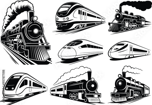 Train locomotive transportation set, vintage steam engine modern high speed railway icons, cad drawing flat vector illustration, subway rail collection