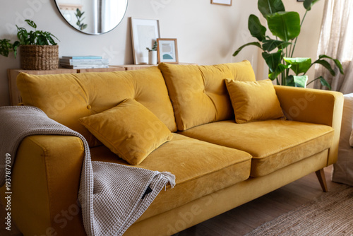 Yellow velvet sofa decorating a cozy living room