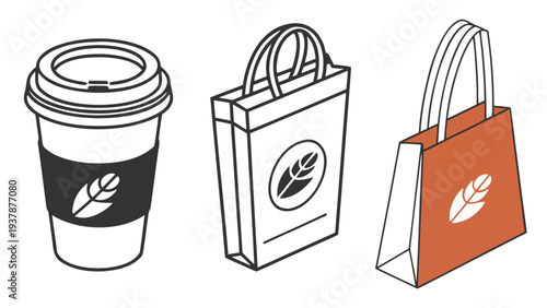 Vector illustration of Coffee cup and shopping bags, symbolizing beverage and retail