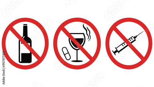 Vector illustration of Prohibition signs for alcohol, drugs, and smoking icons