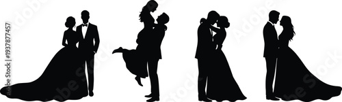 Wedding couple silhouettes collection, flat vector illustration of bride and groom romantic poses isolated on white