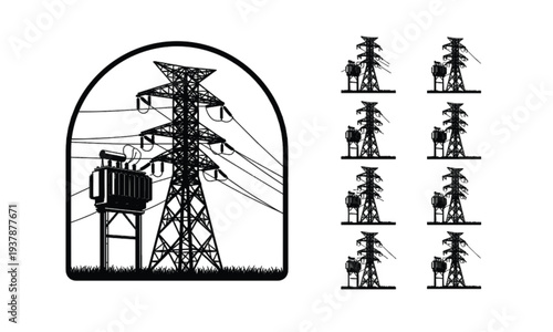 High Voltage Power Line Transmission Tower and Electrical Transformer Silhouette Set for Industrial Energy Infrastructure Utility Vector Graphic Design and Engineering Projects