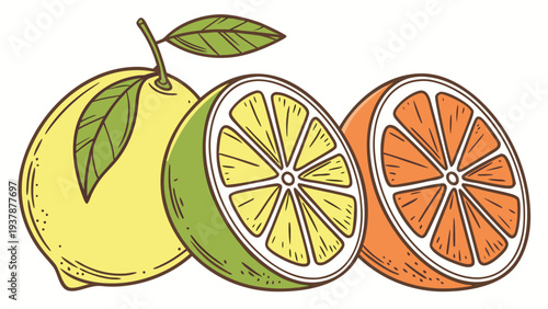 Vector illustration of Fresh lemon and sliced orange on a light background