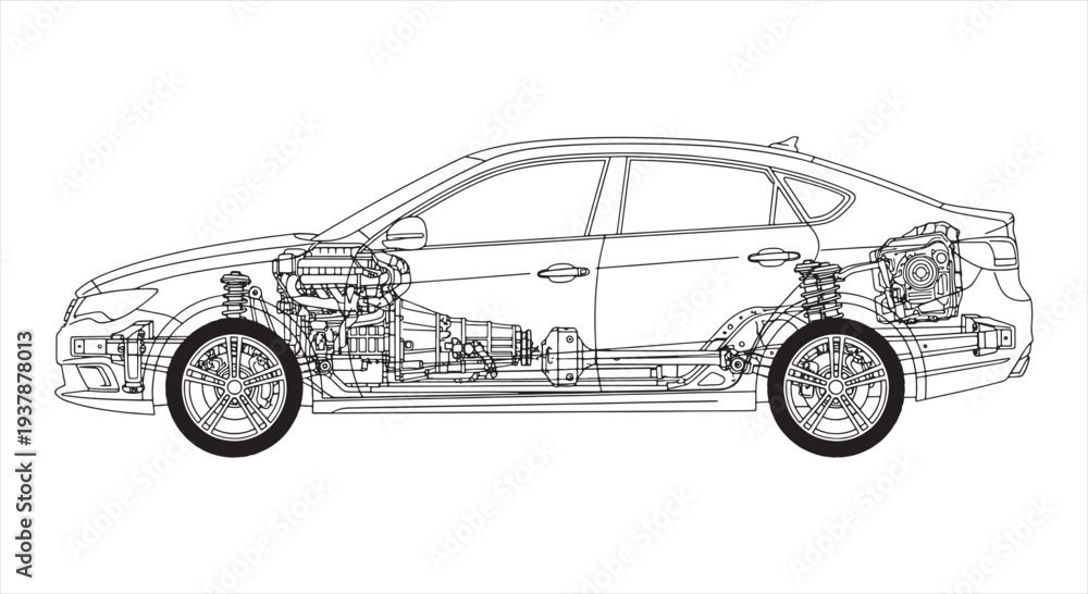 Fototapeta premium Car Blueprint Design – Automotive Engineering CAD Technical Drawing