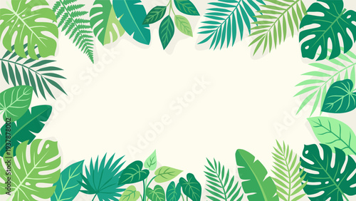 Tropical leaves frame with monstera, palm, and fern leaves. Vector illustration of green exotic foliage border for summer background, banner, and botanical design in flat style