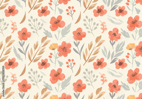 Pastel decorative floral seamless pattern with hand drawn leaves and flowers in Scandinavian style, elegant botanical vector background for textiles and packaging.