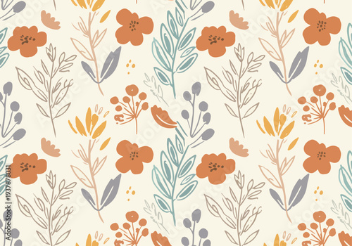 Soft pastel floral seamless vector pattern with stylized flowers and leaves, Scandinavian inspired botanical background for textile prints, wallpaper design and packaging.