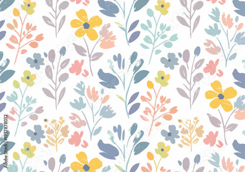 Colorful pastel Scandinavian floral vector pattern with simple flowers and leaves arranged in seamless repeat, botanical decorative background for wallpaper, fabric and wrapping paper.