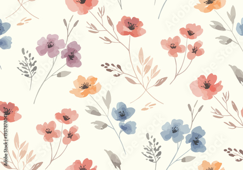 Pastel decorative floral seamless pattern with hand drawn leaves and flowers in Scandinavian style, elegant botanical vector background for textiles and packaging.