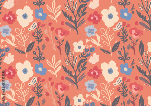 Cute pastel floral seamless pattern with stylized flowers, leaves and branches, modern Scandinavian botanical vector background ideal for textile, wallpaper, packaging design