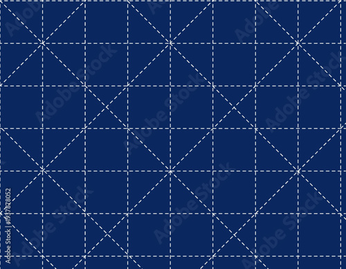 青い背景に白い点線が交差する幾何学的なグリッドパターンとデジタルな抽象背景素材