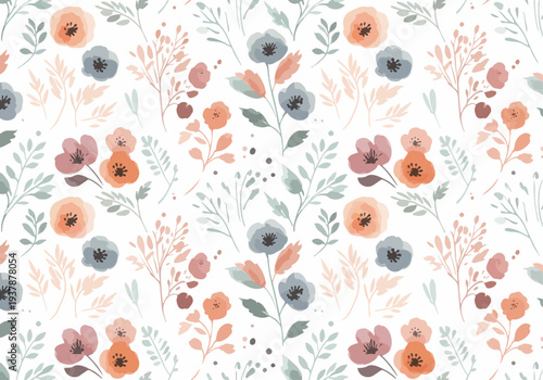 Cute botanical seamless vector pattern with pastel flowers, leaves and branches in Scandinavian style, decorative floral background for wrapping paper, textile and wallpaper.