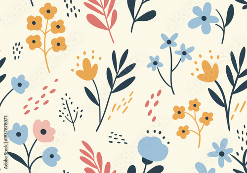 Soft pastel floral seamless vector pattern with stylized flowers and leaves, Scandinavian inspired botanical background for textile prints, wallpaper design and packaging.