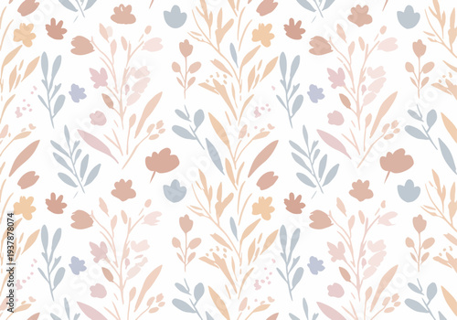 Cute botanical seamless vector pattern with pastel flowers, leaves and branches in Scandinavian style, decorative floral background for wrapping paper, textile and wallpaper.