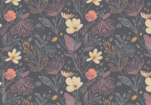 Pastel hand drawn floral vector pattern with simple Scandinavian flowers and leaves, seamless botanical background perfect for nursery decor, fabric, wallpaper and stationery.