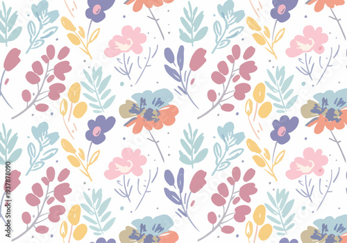 Hand drawn pastel botanical seamless pattern featuring simple flowers, leaves and stems in Scandinavian style, decorative vector background for fabric, wrapping paper and stationery.