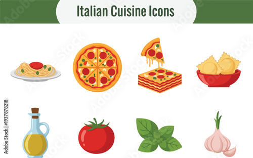 Flatstyle illustrations of Italian food icons including pasta pizza lasagna ravioli olive oil tomato basil and garlic