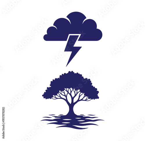 Weather forecast icon with stormy cloud and lightning over flooded tree  severe weather warning symbol