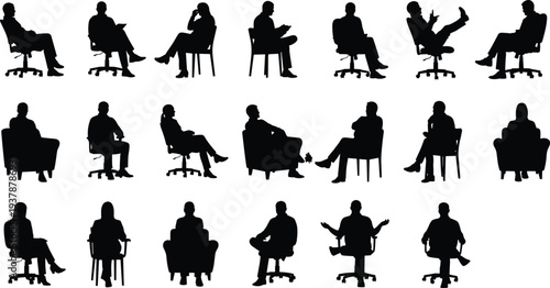 people sitting silhouettes set, office chair and sofa poses, men women relaxing positions collection, black vector illustration