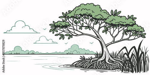 A tree on the side of a body of water Vector