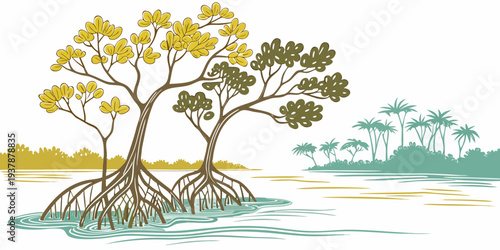 A tree with yellow leaves and roots in the water Vector