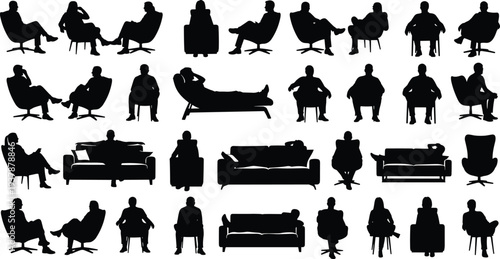 people sitting silhouettes set, relaxing chair sofa poses collection, men women lounge positions, furniture lifestyle figures, black vector illustration