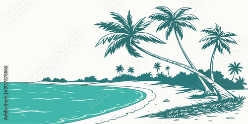 A serene beach scene with palm trees and calm waters Vector