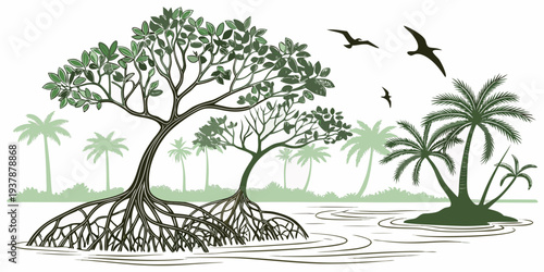 Tropical landscape with tree and birds flying overhead Vector