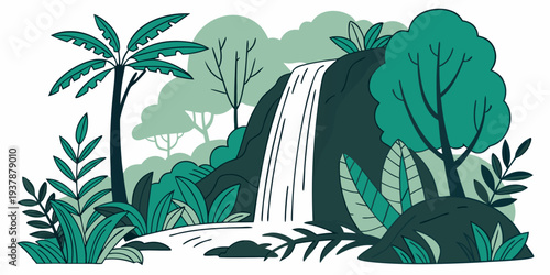 A serene waterfall in a lush green jungle with trees and plants Vector