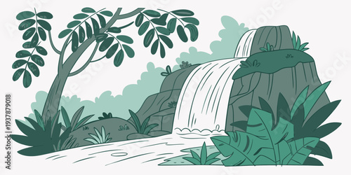 A serene waterfall in a lush tropical jungle with rocks and plants Vector